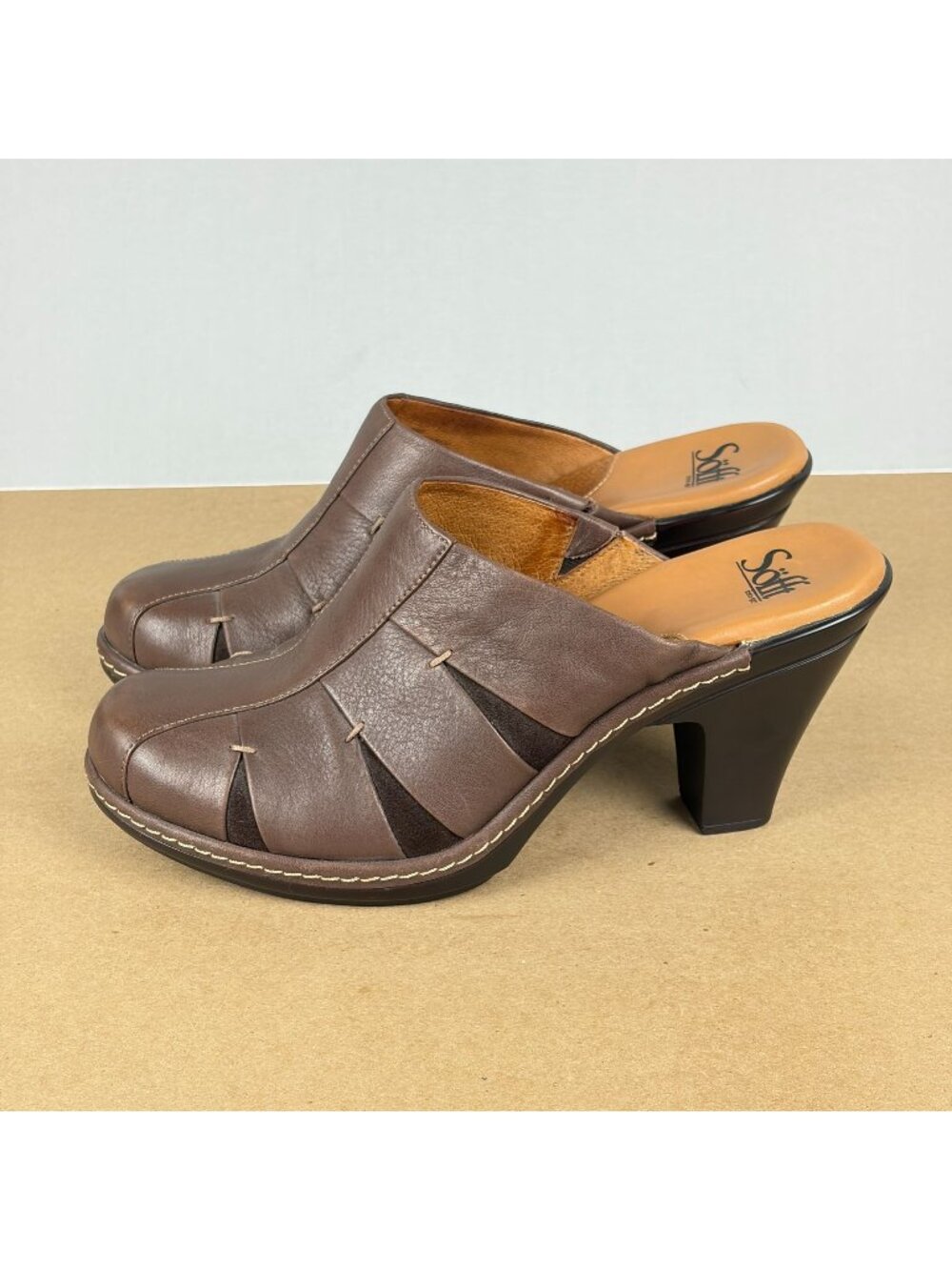 Sofft Leather Mule Heels Womens 9.5 Brown Closed Toe Casual Comfort